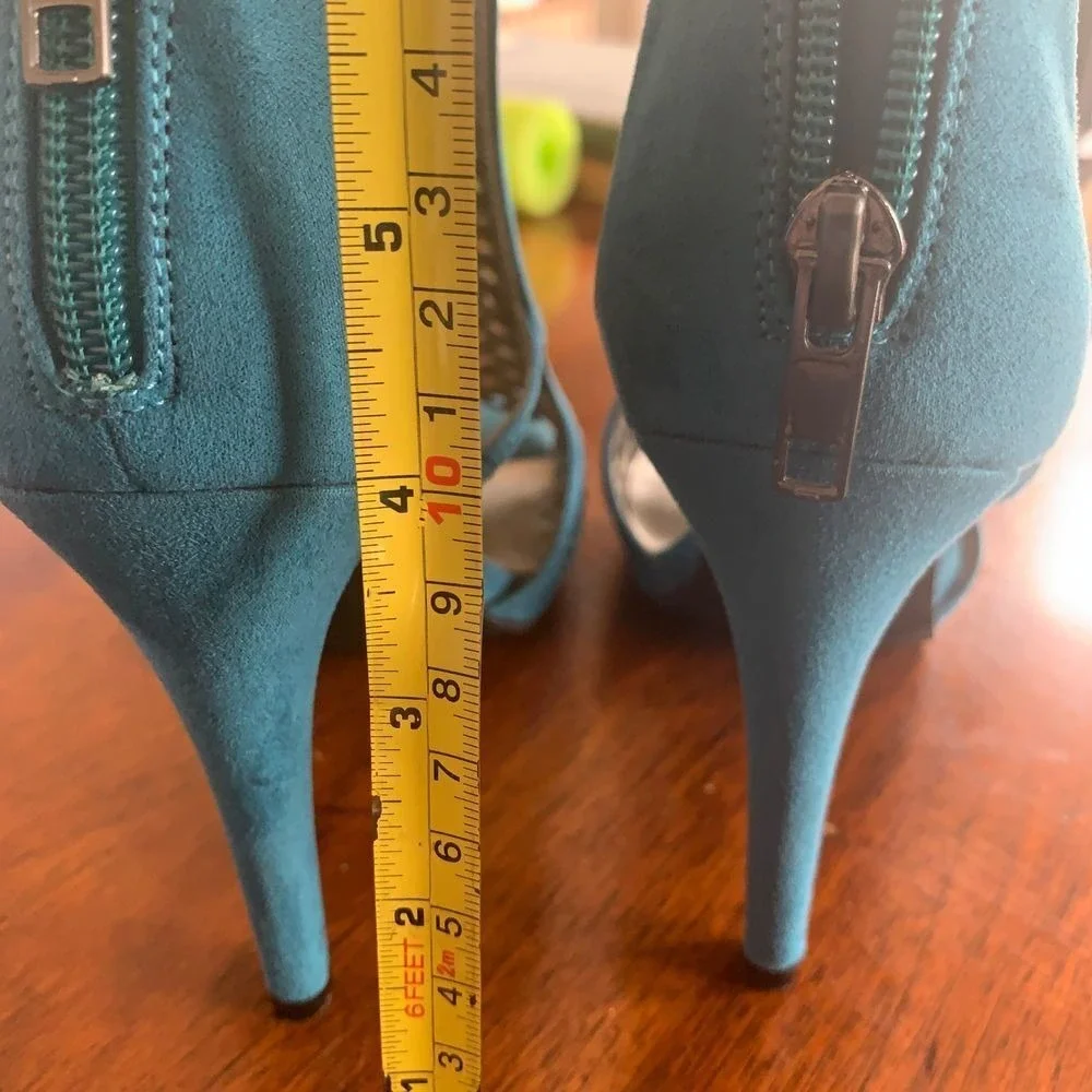 Worthington Women's Teal Faux Suede Laser Cut Peep Toe Stiletto Sandals 6.5